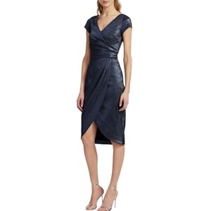 THEIA Faux Wrap Dress Metallic Cap Sleeve Tulip Skirt Cocktail Dress